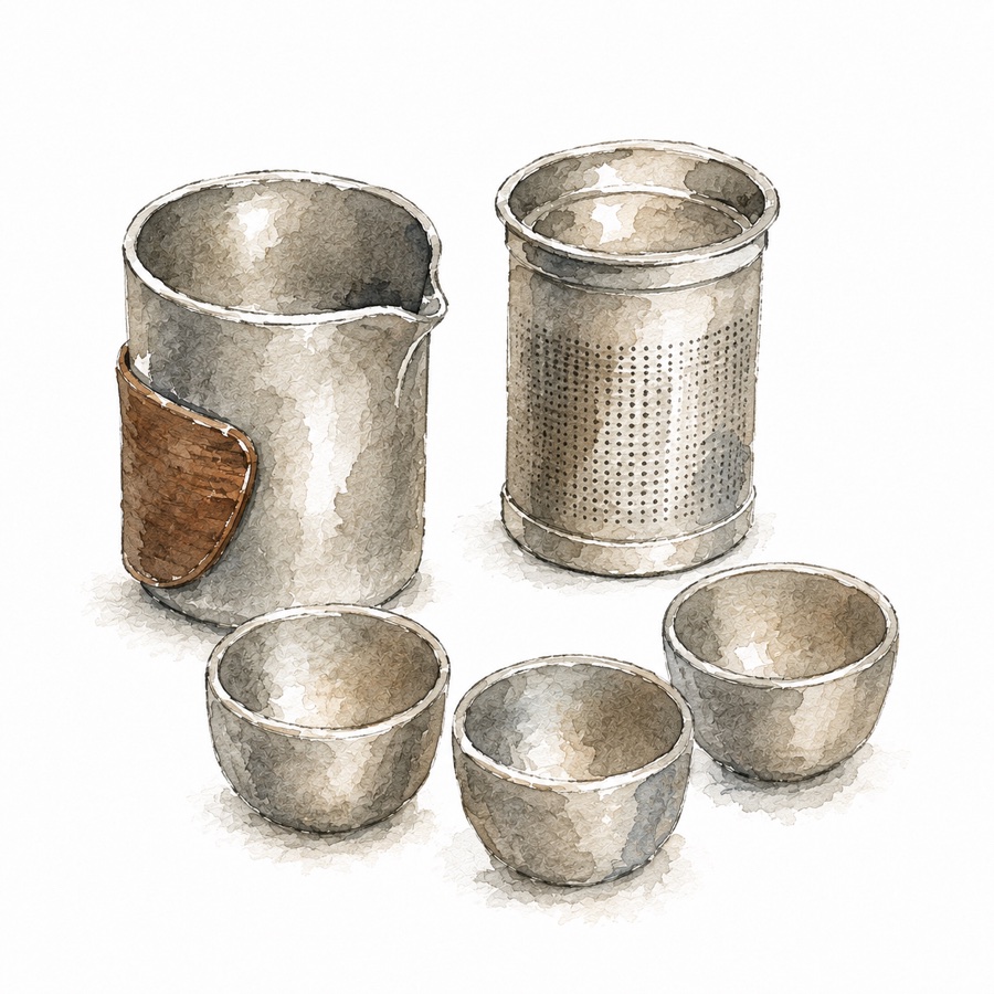 Watercolour illustration of a titanium tea set